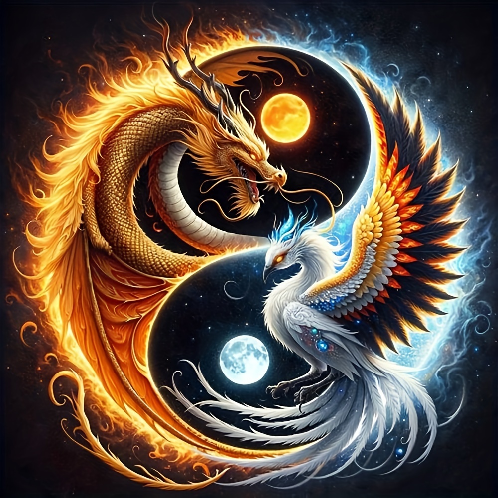 Image of Dragon & Phoenix Tai Chi Diamond Painting Kit, 15.75x15.75in - Diy Acrylic Drill Art Set For Beginners And Adults, Frameless Wall Decor Craft