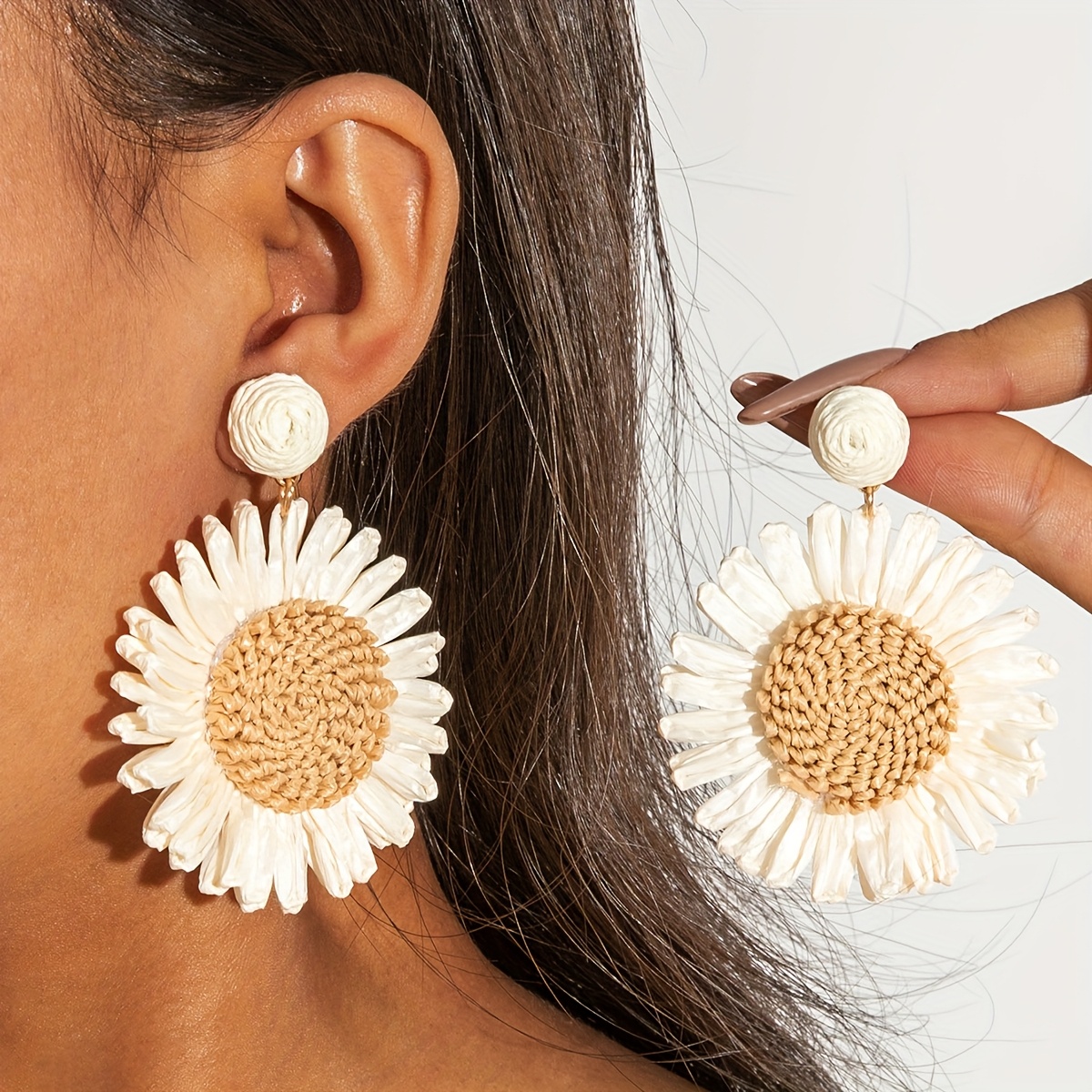 Image of Pair Of Fashionable Colorful Woven Raffia Flower Earrings, Sweet Girly Stud Earrings, Exaggerated Earrings For Women, Gift For For Prom, Parties, And Gatherings