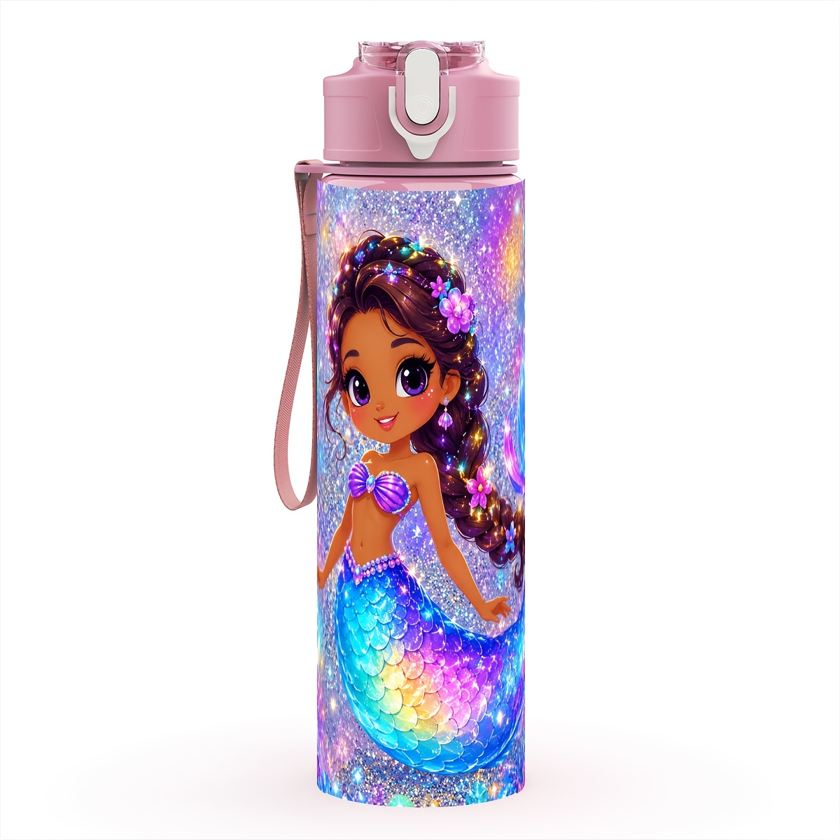TEMU 1pc 750ml/25oz Plastic Bottle, Curly Hair Mermaid Pattern, Leak-resistant, Straw Cup With Leak-resistant Lid, Open, Direct Drinking Straw, For
