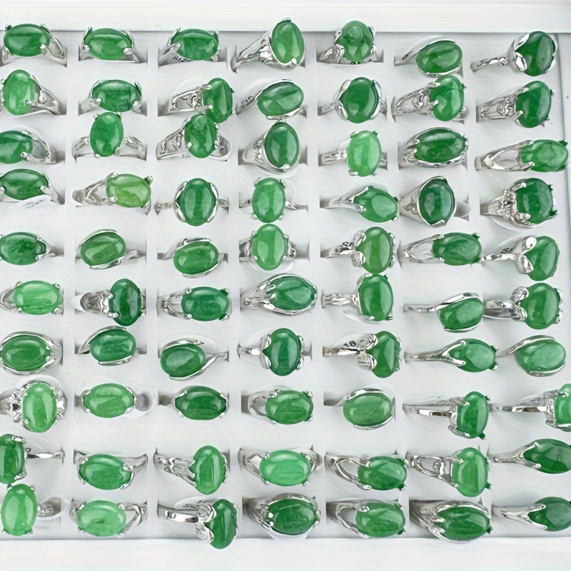 

50/100/200pcs Green Agate Natural Stone Ring, Simple Alloy Ring, Men Women Universal Finger Ring For Daily Outfits And Banquet Party Holiday Birthday Anniversary Gift (size 16mm-20mm)