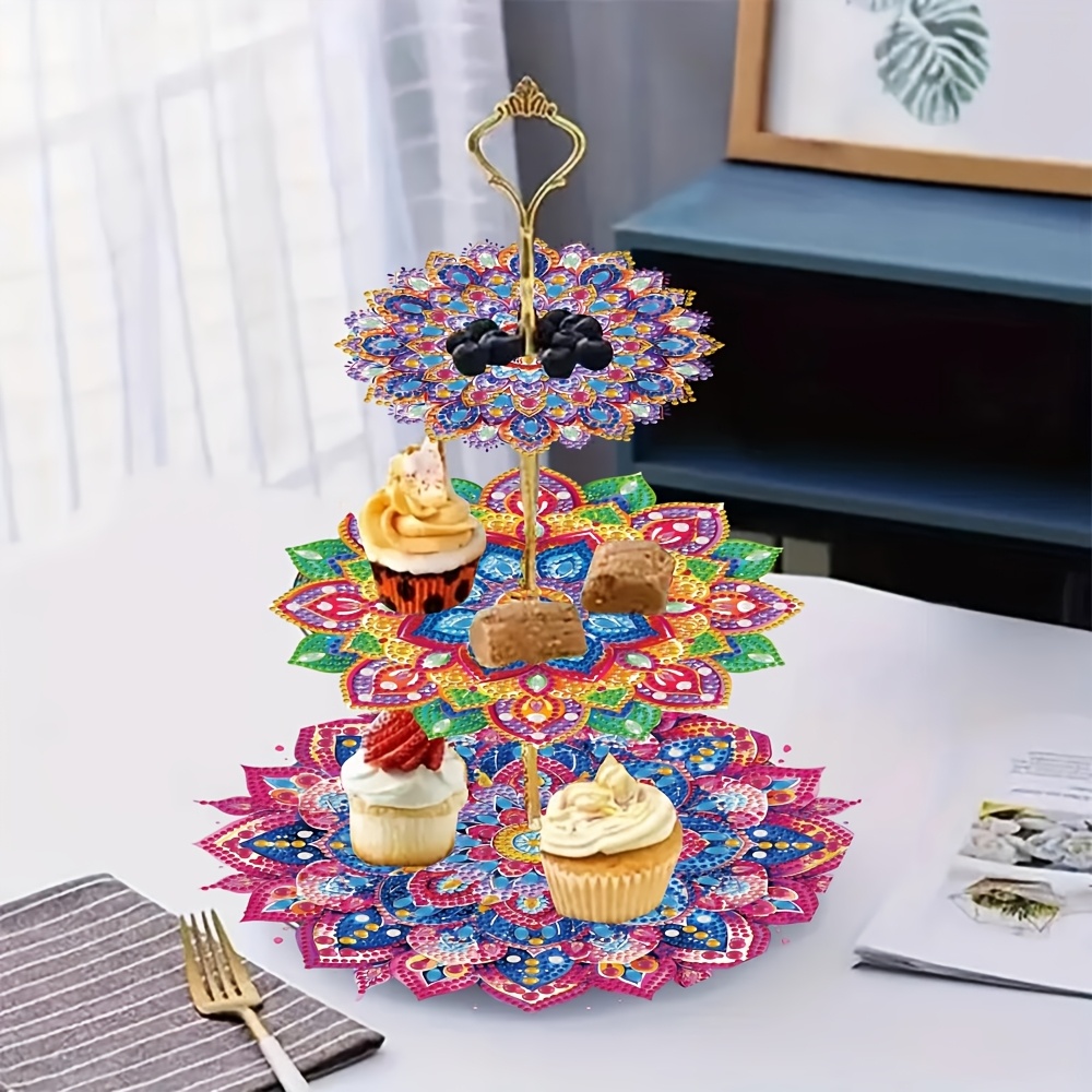 

Elegant 3-tier Mandala Flower Diamond Stand Kit - Acrylic Diy Painting, Round Tray For Weddings, Birthdays, Thanksgiving & Valentine's Day - Table Decor With Irregular Shaped Diamonds