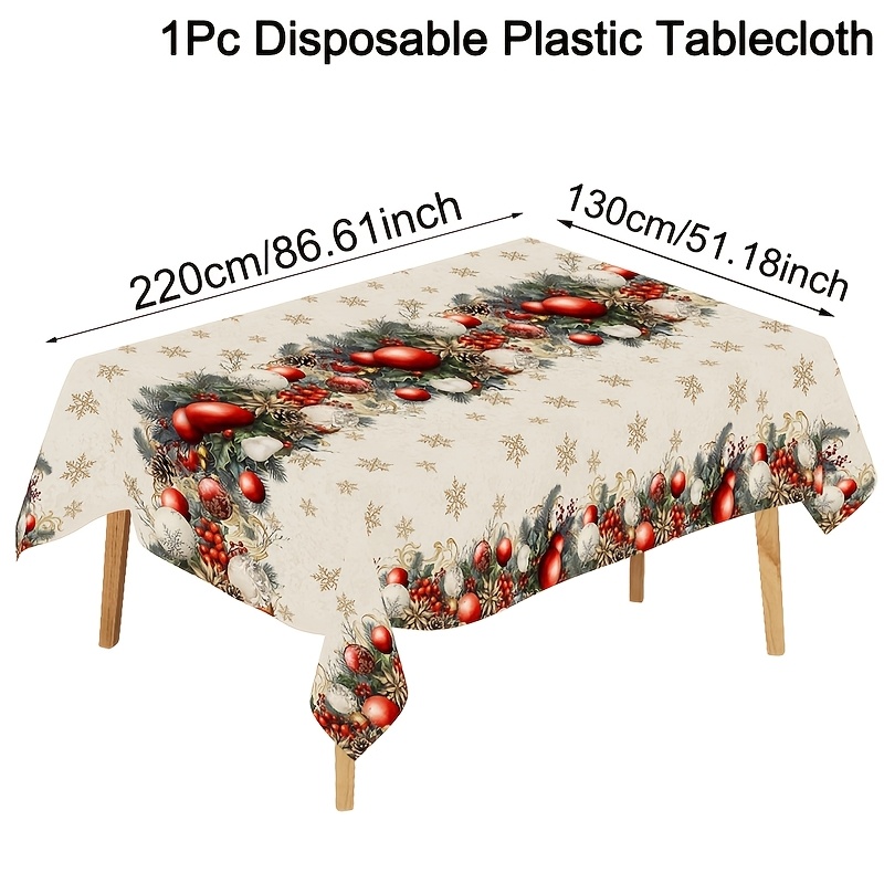 TEMU 1pc Retro Christmas Tablecloth, 130 X 220cm Disposable Plastic Tablecover Featuring Neutral Beige Berry Bauble Snowflake Border Print, Indoor