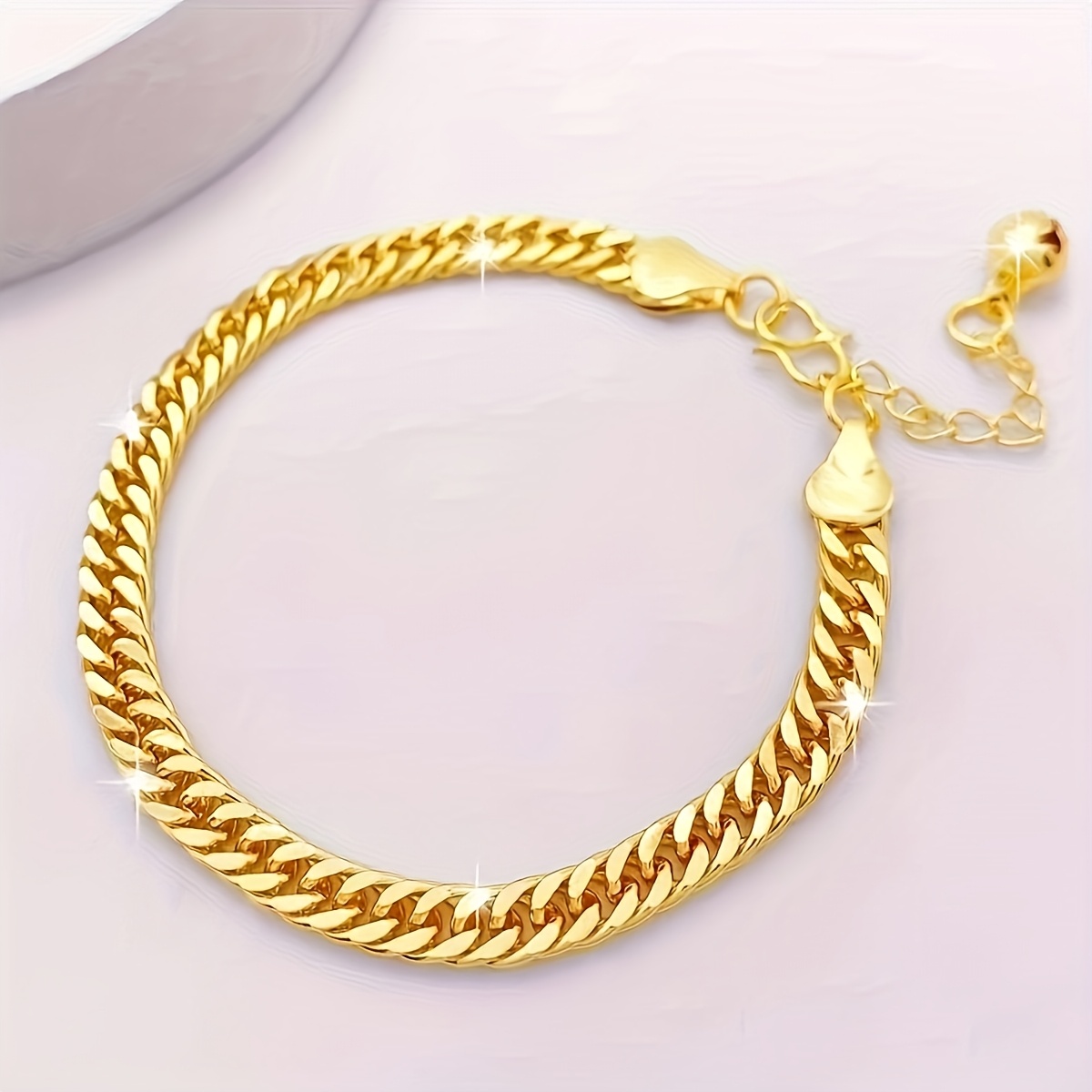 Luxury Golden Stainless Steel Double Row Bracelet For Women - 6mm Wide Shiny Chain, Hip Hop Style, Perfect For Casual Attire, Parties, And Vacations, Thick Wide Bracelet For Ladies