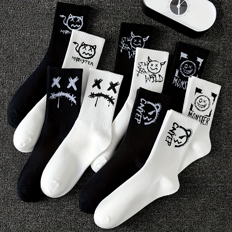 

5 ou 10 paires de chaussettes de sport noires et blanches à motif graffiti tricoté pour hommes, confortables, respirantes et douces, pour toutes les saisons