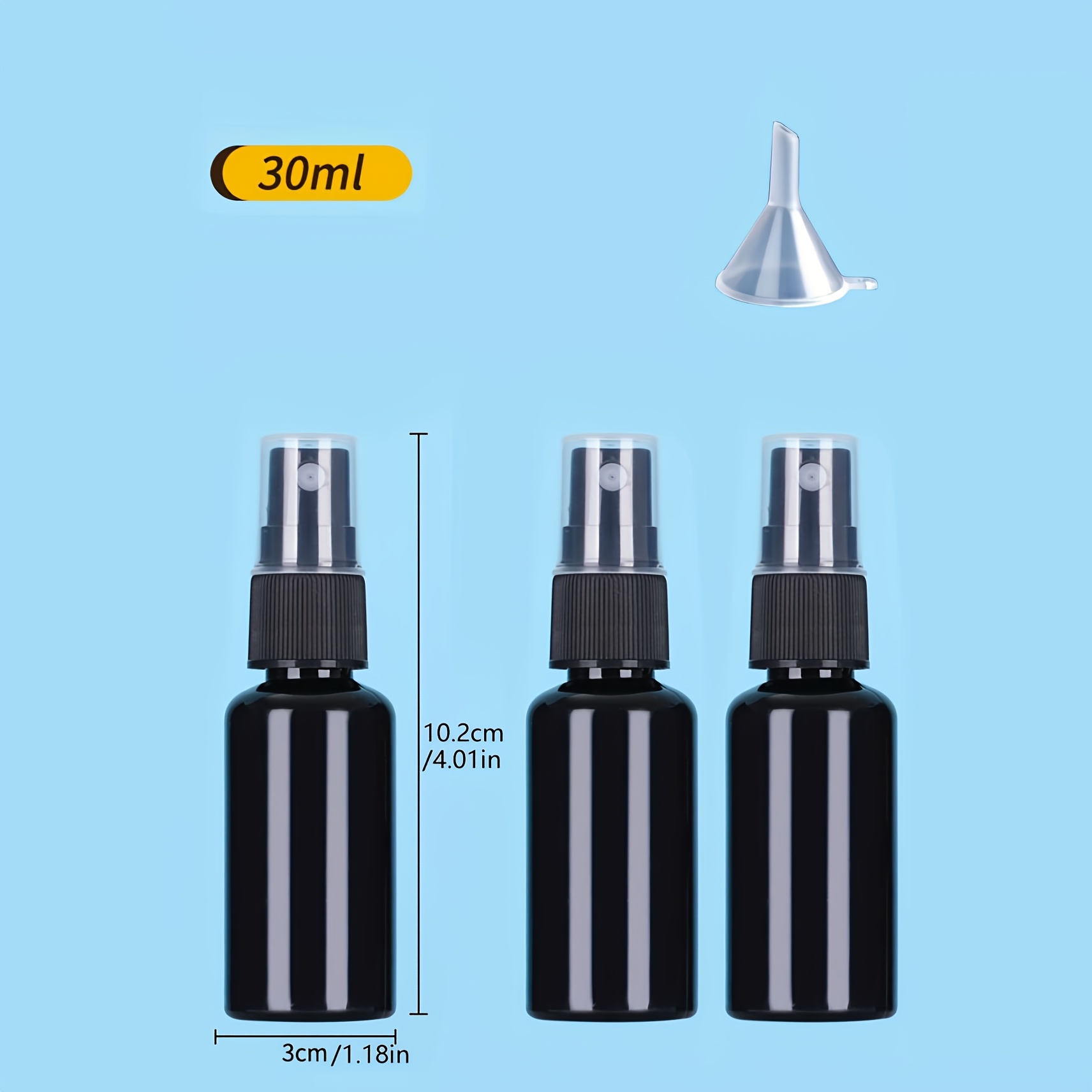 TEMU 3 stuks zwarte plastic verstuiverflessen met 1 trechter, herbruikbare cosmeticaflessen, draagbare reisspuitflessen, containers in meerdere maten