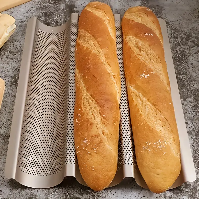 professional bakery results heavy duty carbon steel french bread pan with non stick surface perforated slots 3 slot baguette pan for home commercial kitchens artisan loaves italian bread everyday thanksgiving baking easy durable bakeware cooking enthusiasts Product details 1