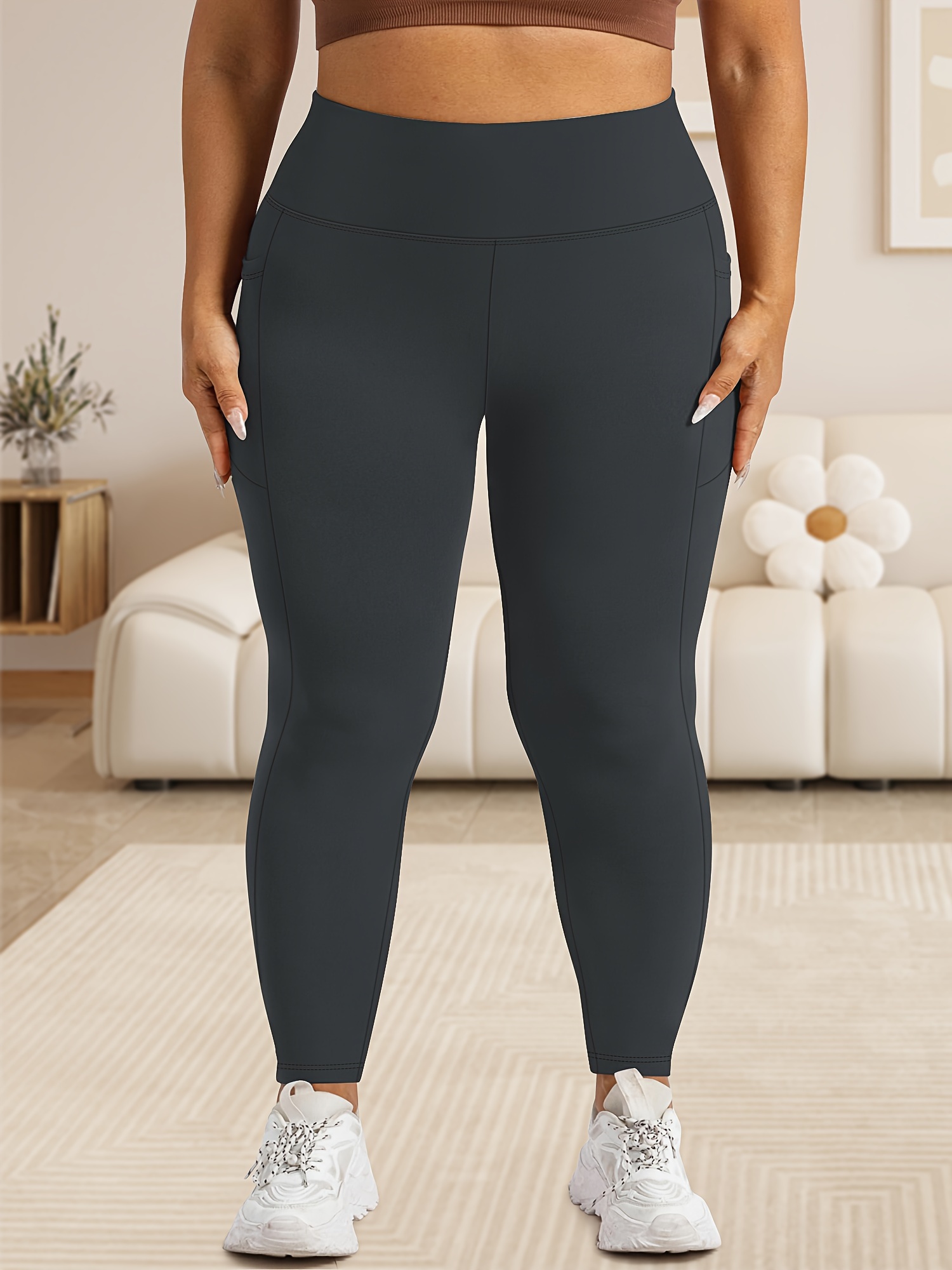 Women'S Plus Size High Waist Tummy Control Leggings with Pockets, 88% Polyester 12% Elastane, Skinny Fit, Solid Color, Knit Fabric, 200g/m², All Season Athletic Yoga Pants for Running & Fitness