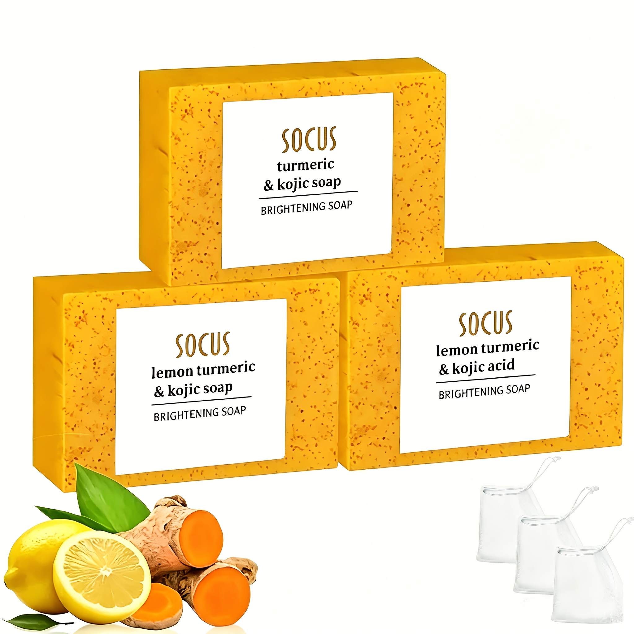 Image of 3x100g Turmeric Lemon Kojic Soap: . With Shea Butter, Olive Oil, Vitamin E. , Moisturizing, Types (men/women). Ideal For Christmas, Thanksgiving, Back-to-school, Weddings.