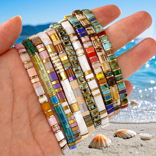 item picture 10pcs bohemian spring summer new multi color high quality glass beads bracelet bangle set suitable for men and women couple casual vacation wear