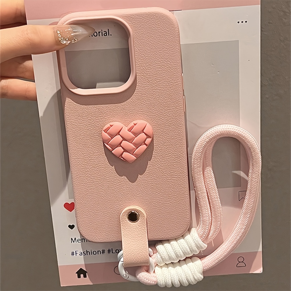 Stylish Braided Love Heart Phone Case with Portable Rope Compatible with iPhone 16 15 14 12 13 11 Pro Max, Shockproof Back Cover