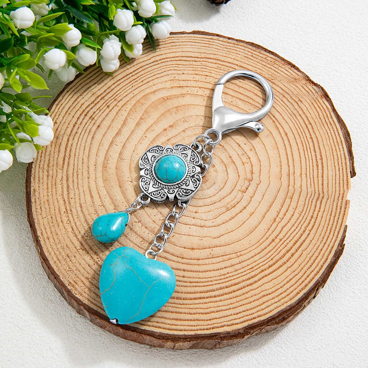 TEMU 1 Turquoise Teardrop Heart Combination Bag Pendant Keychain, Western Cowboy Style Retro Keychain, Suitable For Matching Retro Bags, Daily Street