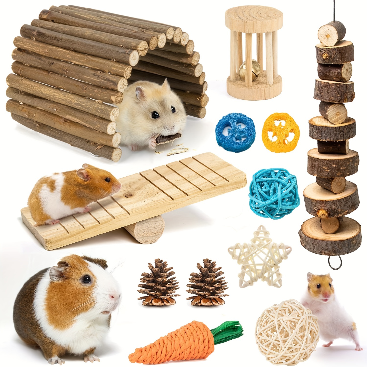 

12pcs/set Hamster Toys Accessories Natural Chews For Teeth Rabbit Bunny Rat Chinchilla Hideout Ball, Sticks Chew For Guinea Hamster Chinchillas