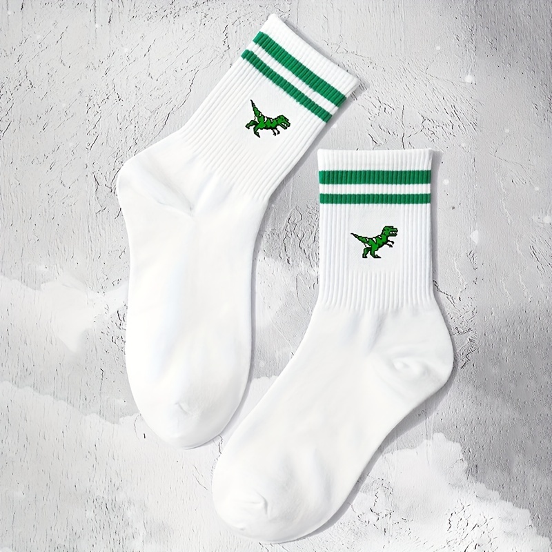 

Cartoon Dinosaur Socks, Sports & Comfy Striped Mid-calf Socks, Women's Stockings & Hosiery