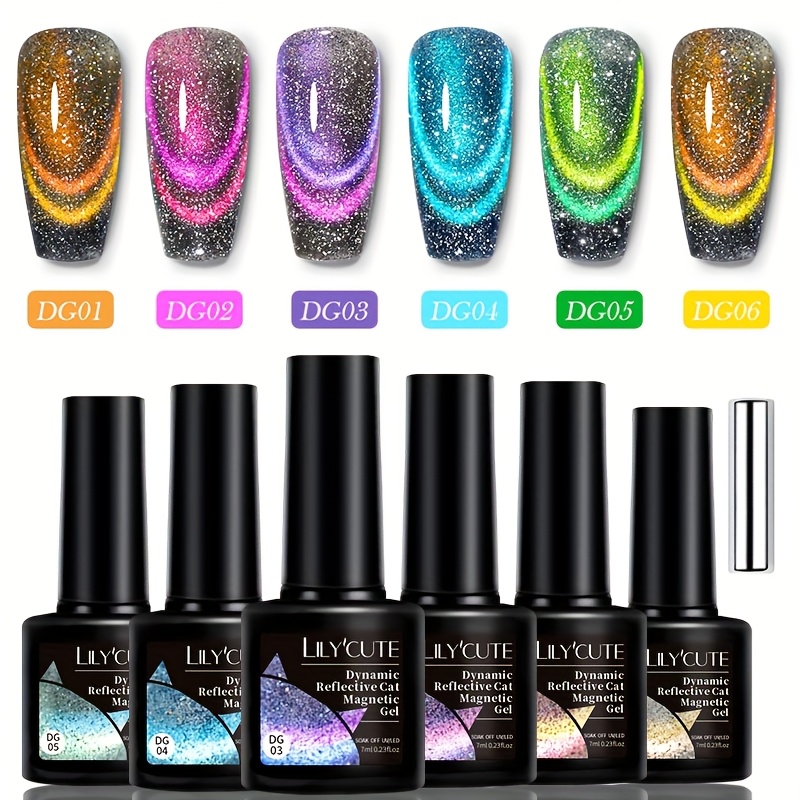 TEMU Lilycute 7ml 6pcs Dynamic Reflective Soak Off Led Gel Polish Manicure Nail Art Varnish