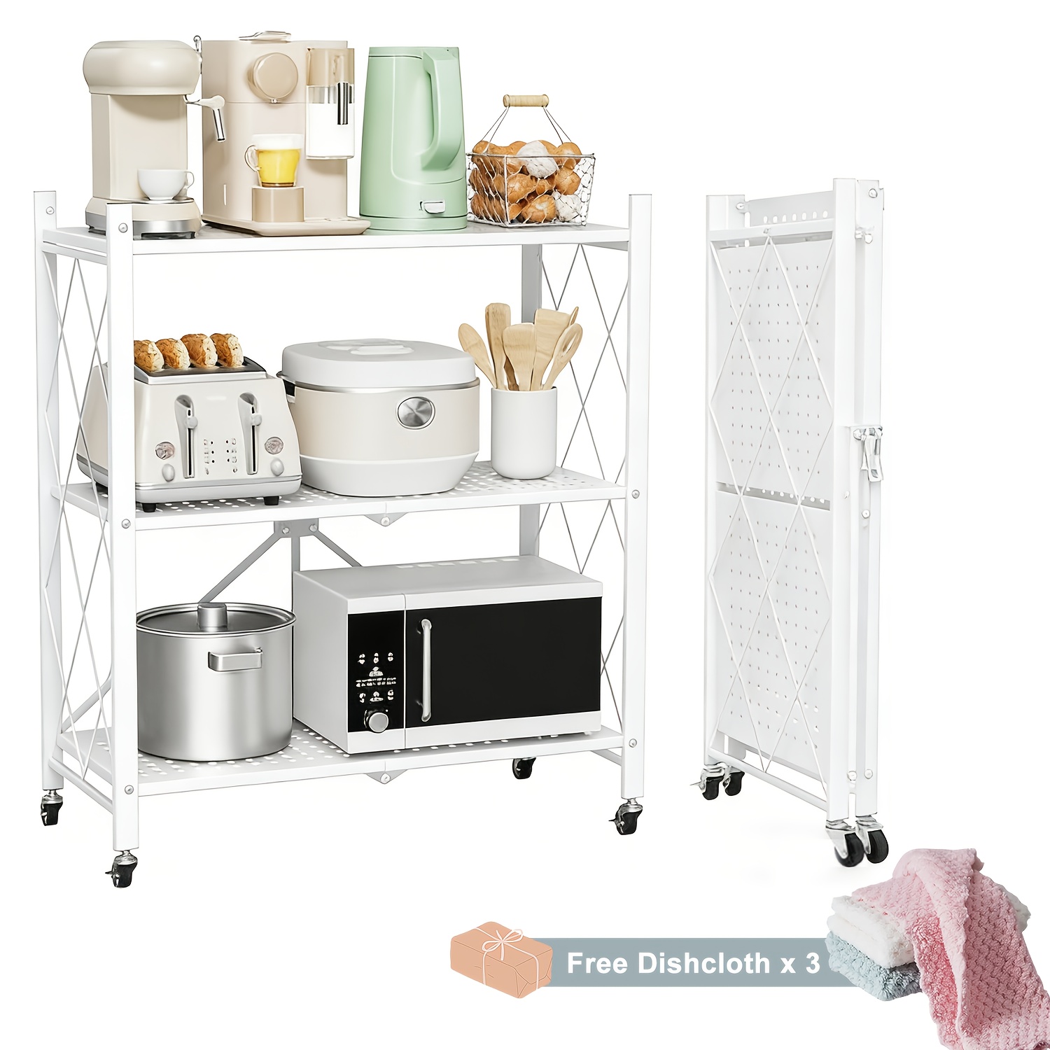 Folding Storage Rack, 3-tier Golden Metal Storage Rack Unit, No Installation Required, Space-, With Wheels Kitchen Rack, Pantry Rack, Living Room Bookcase (black, White) Storage And Organization