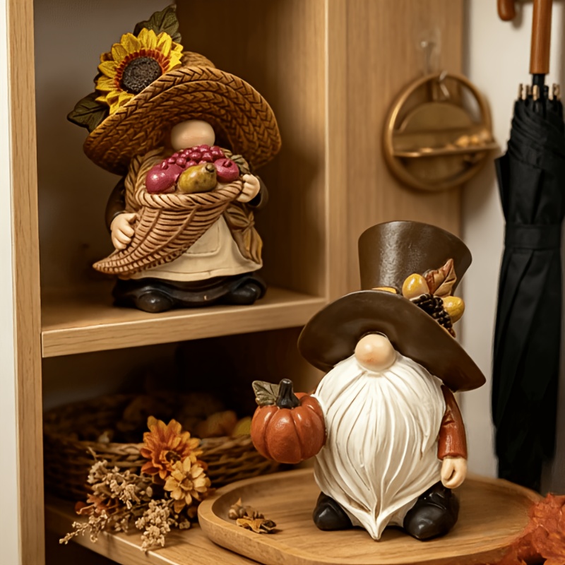 TEMU 2pcs Dwarf Couple Statues, Autumn Pumpkin Sunflower Gnomes Decor, Suitable For Desktop Bookshelf Entryway Cabinet Living Room Coffee Table,
