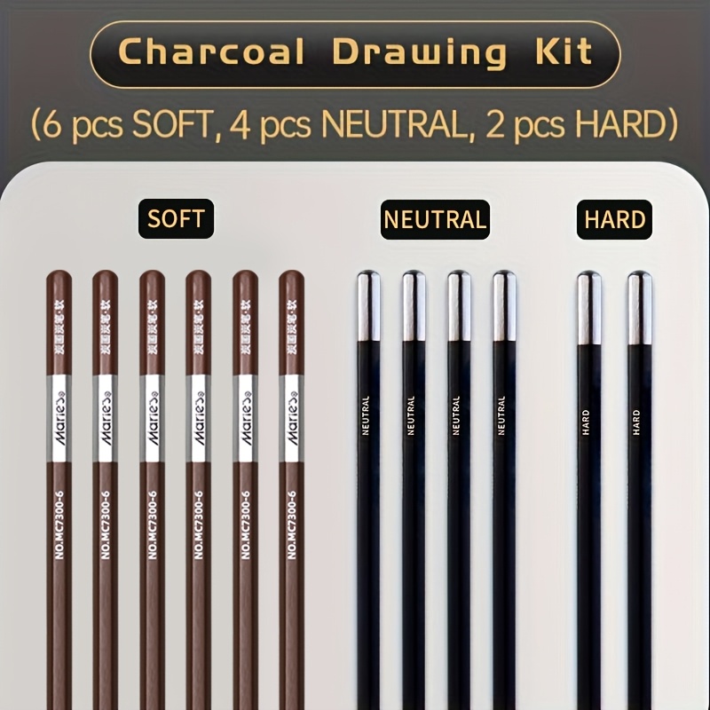 12pcs Marie's Charcoal Pencils Set For Drawing, Sketching, Shading, Perfect For Artists & Professional! - Soft Medium And Hard Tips Blending