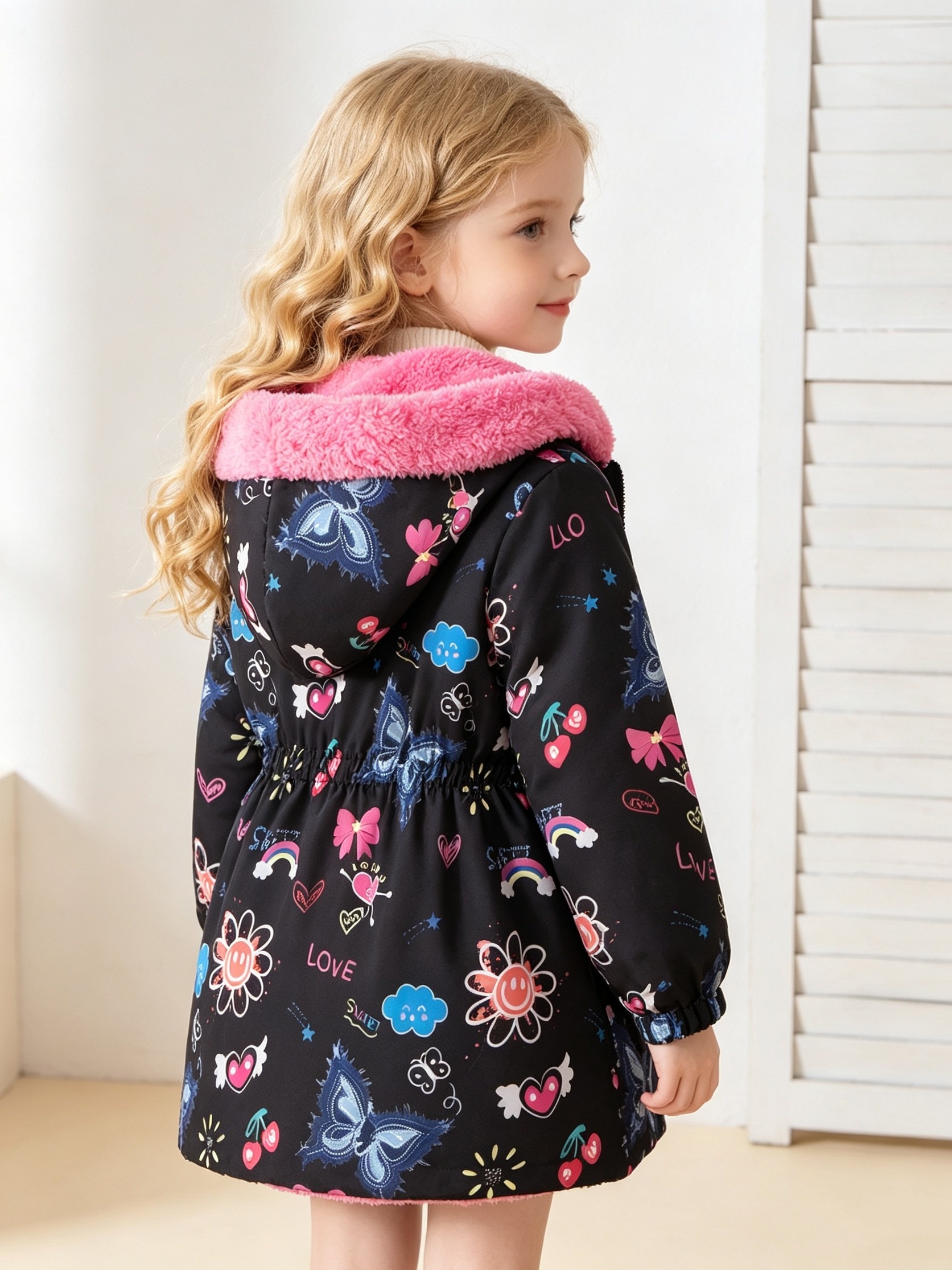 Girls' Windproof Casual Coat with Printed Hat Collar, Warm Outerwear