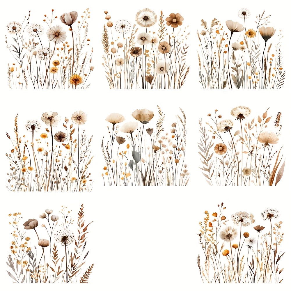 8pcs/set Bohemian Style Plant-themed Design Uv Dtf Cup Transfer Paper Kit | Waterproof Self-adhesive Material, Suitable For Smooth Surfaces Such As 16oz Glass Jars, Mugs, Gift Boxes