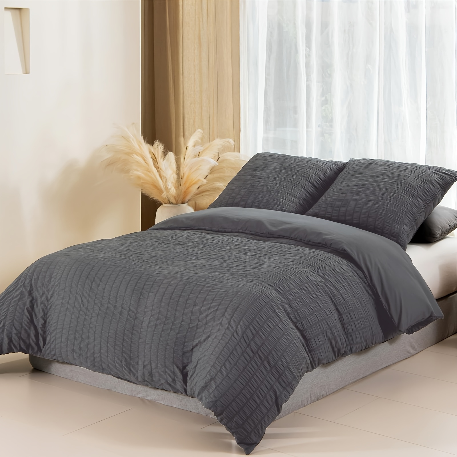 

Soft & Breathable Dark Grey Seersucker Duvet Cover Set - Includes 1 Duvet Cover (53"x79") Pillowcase (31"x31") With Zipper Closure, All