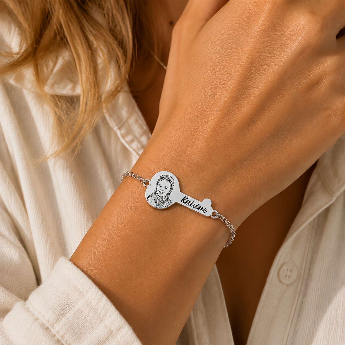 Custom Photo Key Shape Bracelet, Engraved Stainless Steel