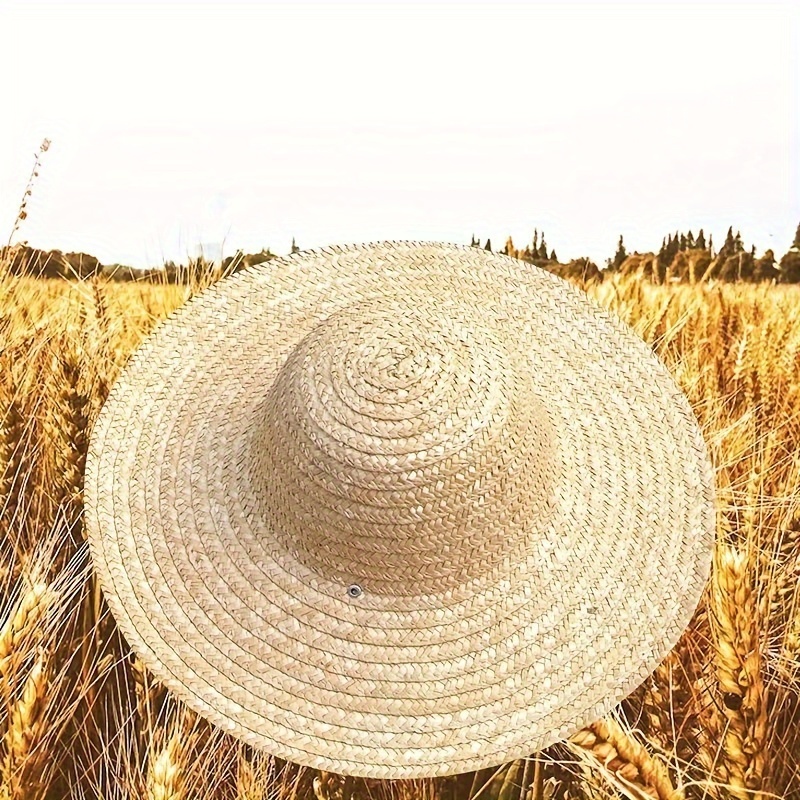 Straw Garden Hat - Wide Brim- Sewn Wheat Straw- Striped Trim- Gita
