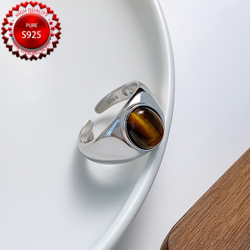 High Adjustable S925 Sterling Silver Ring with Natural Tiger's Eye Stone