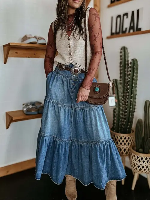 womens skirt a high waisted long a line denim skirt showcases your the tiered hem adds a touch of and the is super practical
