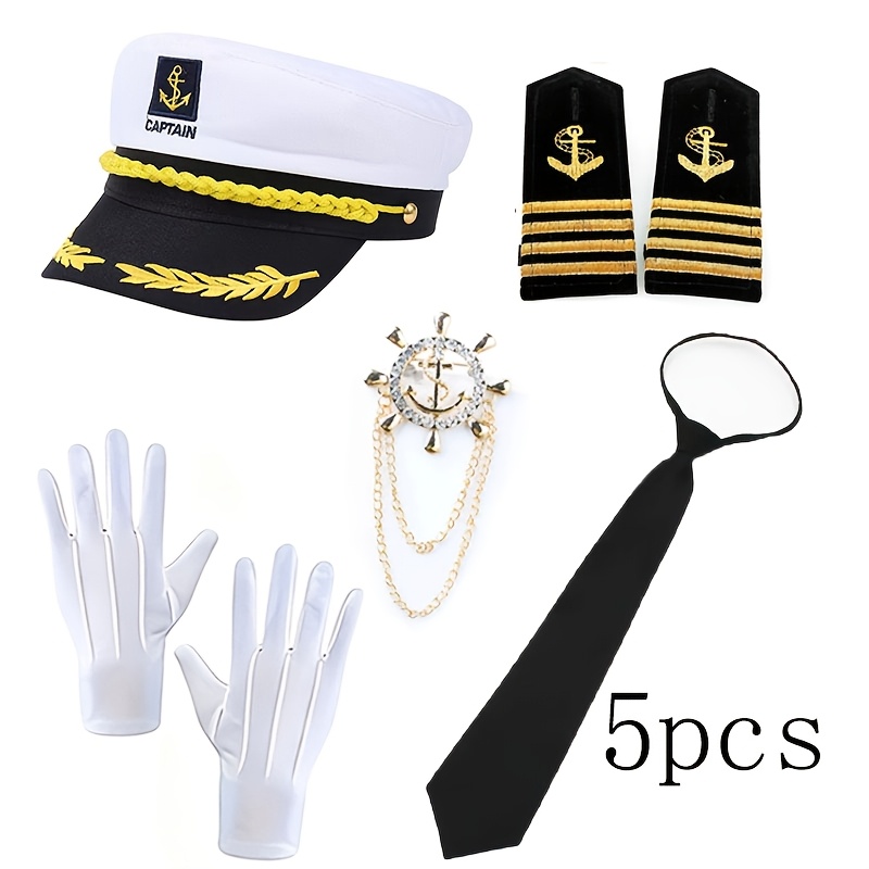 TEMU 5pcs Captain Costume Set |, Including Captain Hat, Tie, Badge, Gloves, Brooch, Navy Costume, Suitable For Adult Men To Cosplay For Halloween And