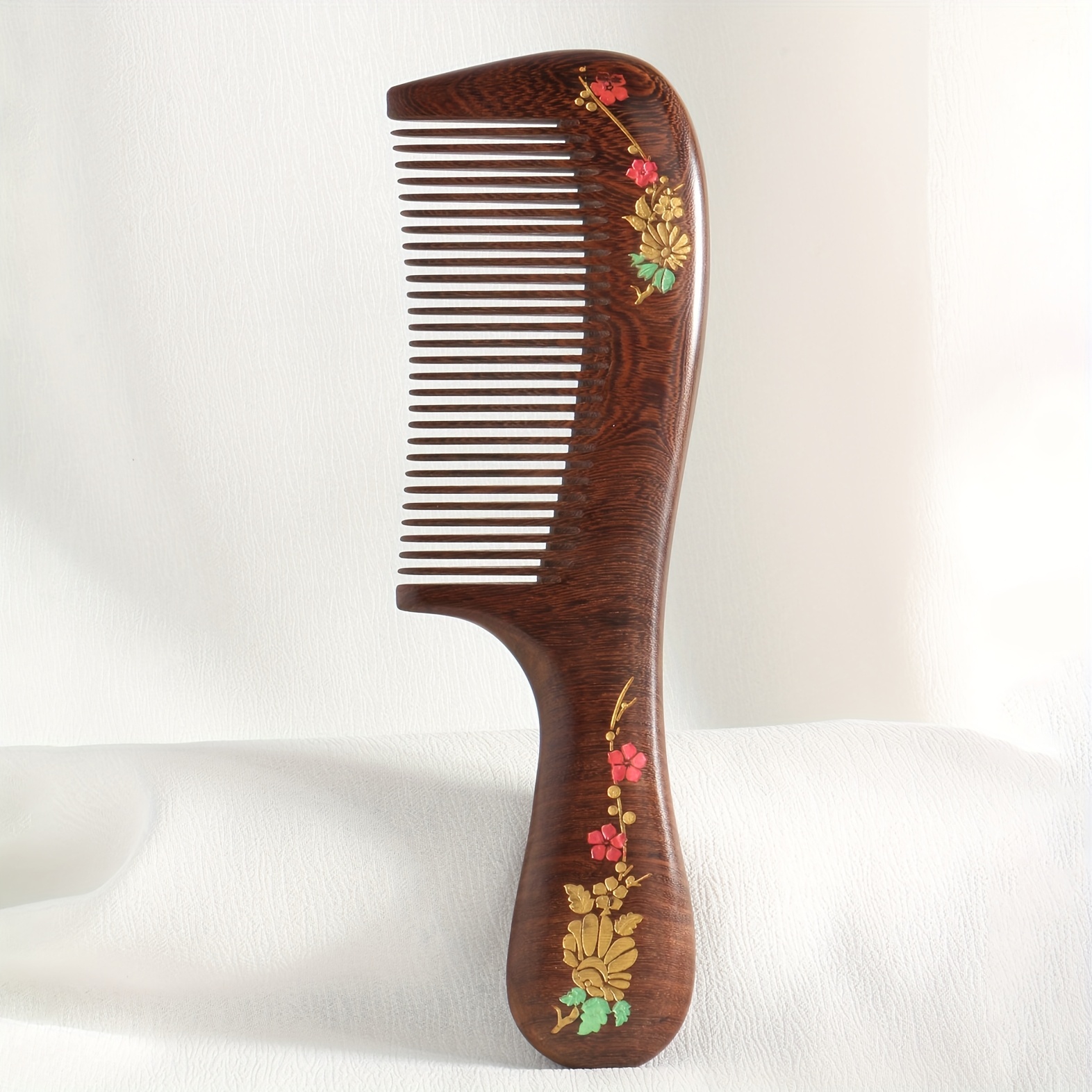 TEMU 1pc Natural Sandalwood Hairdressing Comb With Color Printing And Retro Hand-painted Pattern, Ladies' Fine-tooth Anti-static Comb, Household