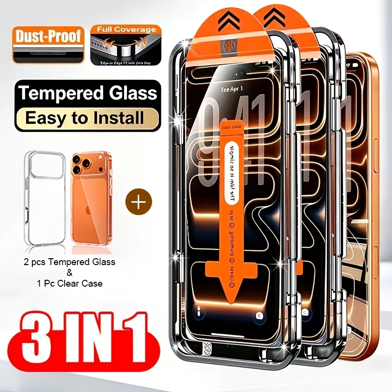 TEMU [3-pack] 2pcs Full Cover Tempered Glass Screen Protector And 1pc Tpu Transparent Phone Case For Iphone 18 Pro Max/17 Pro