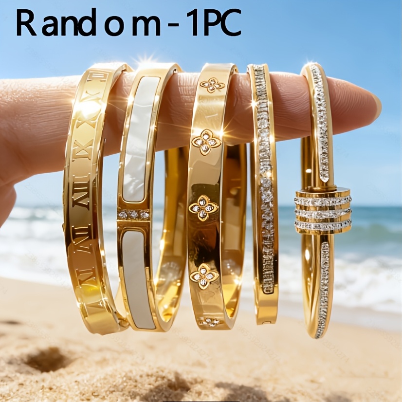 TEMU Random 1pc Multi-style Random Stainless Steel Bangle, Unisex, Fashionable Glossy Metallic Texture, Fade-resistant, Daily Party Gift All-match