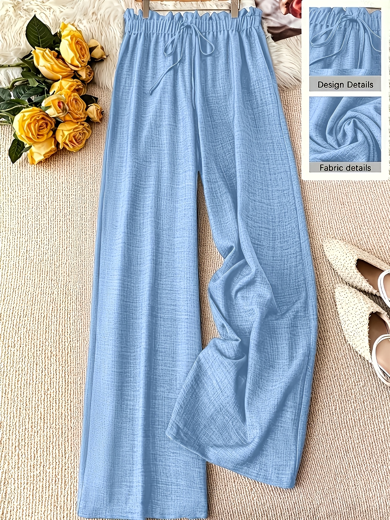 plus size womens elegant solid color straight leg pants with   drawstring waist for comfortable wear