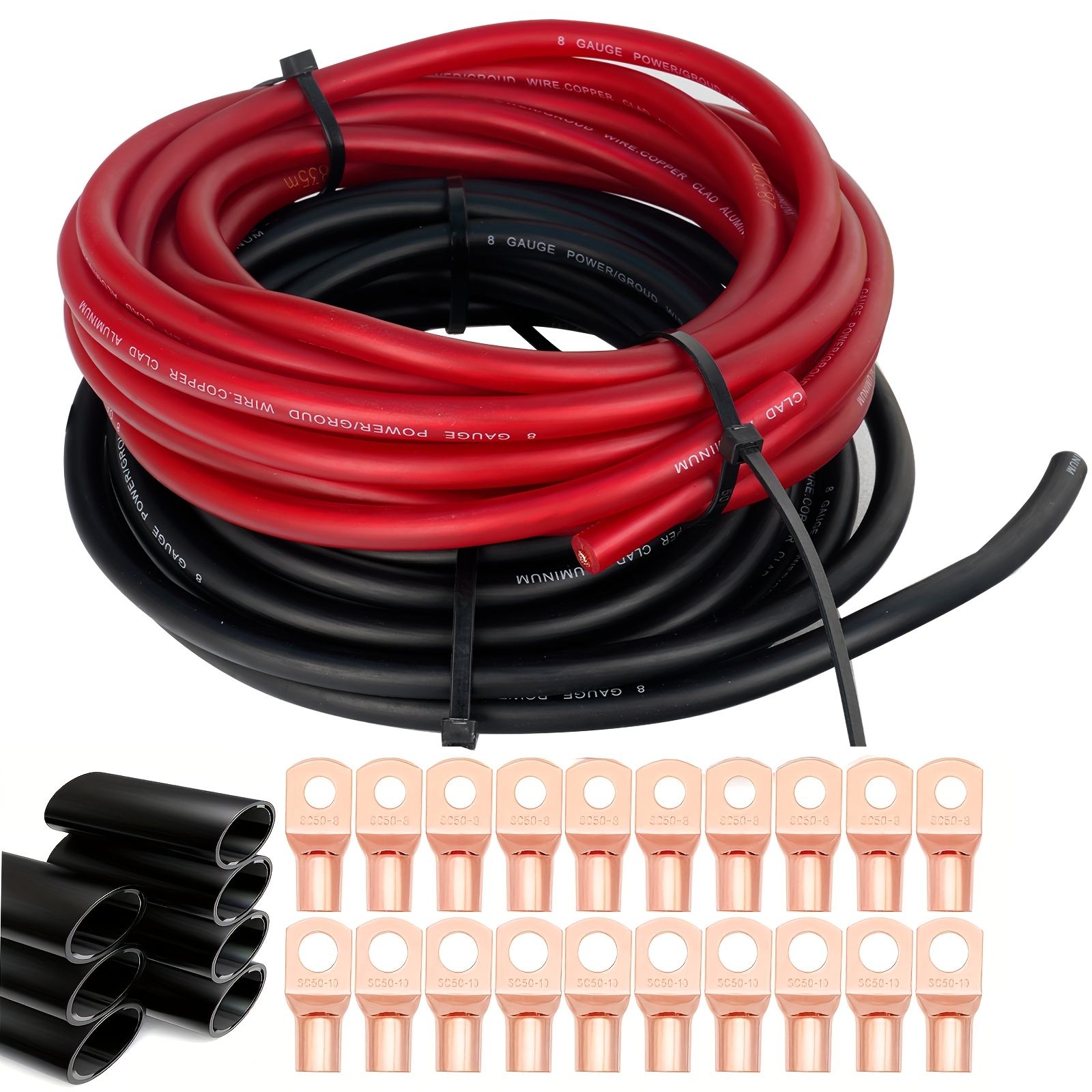 1/0 AWG Gauge Wire Kit - 20ft Red & 20ft Black CCA Cable, With Lugs & Heat Shrink (40ft Total)