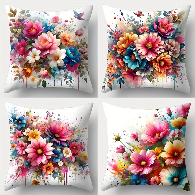 

4-piece Contemporary Floral Throw Pillow Covers Set, 17.7x17.7 Inches, Single-sided Print, Decorative Cushion Cases For Sofa And Home Decor, Zip Closure - Pillow Inserts Not Included