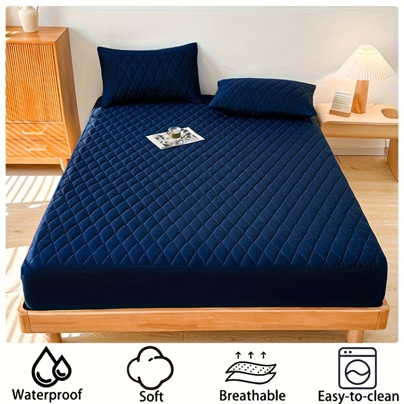 1pc waterproof mattress cover soft and comfortable thick bed sheet breathable dust proof urine proof quilted mattress protector suitable for bedroom   white dark blue dark green gray details 1