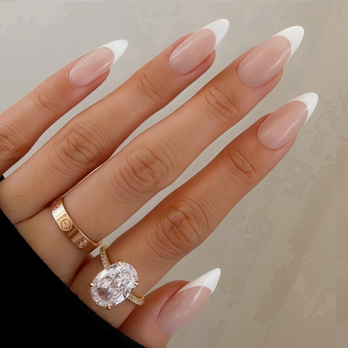 TEMU 24pcs Medium White-tip Almond Press-on Nails, Simple Glossy Press-on Fake Nails With Jelly Glue And Nail File, Suitable For Women And Daily Wear