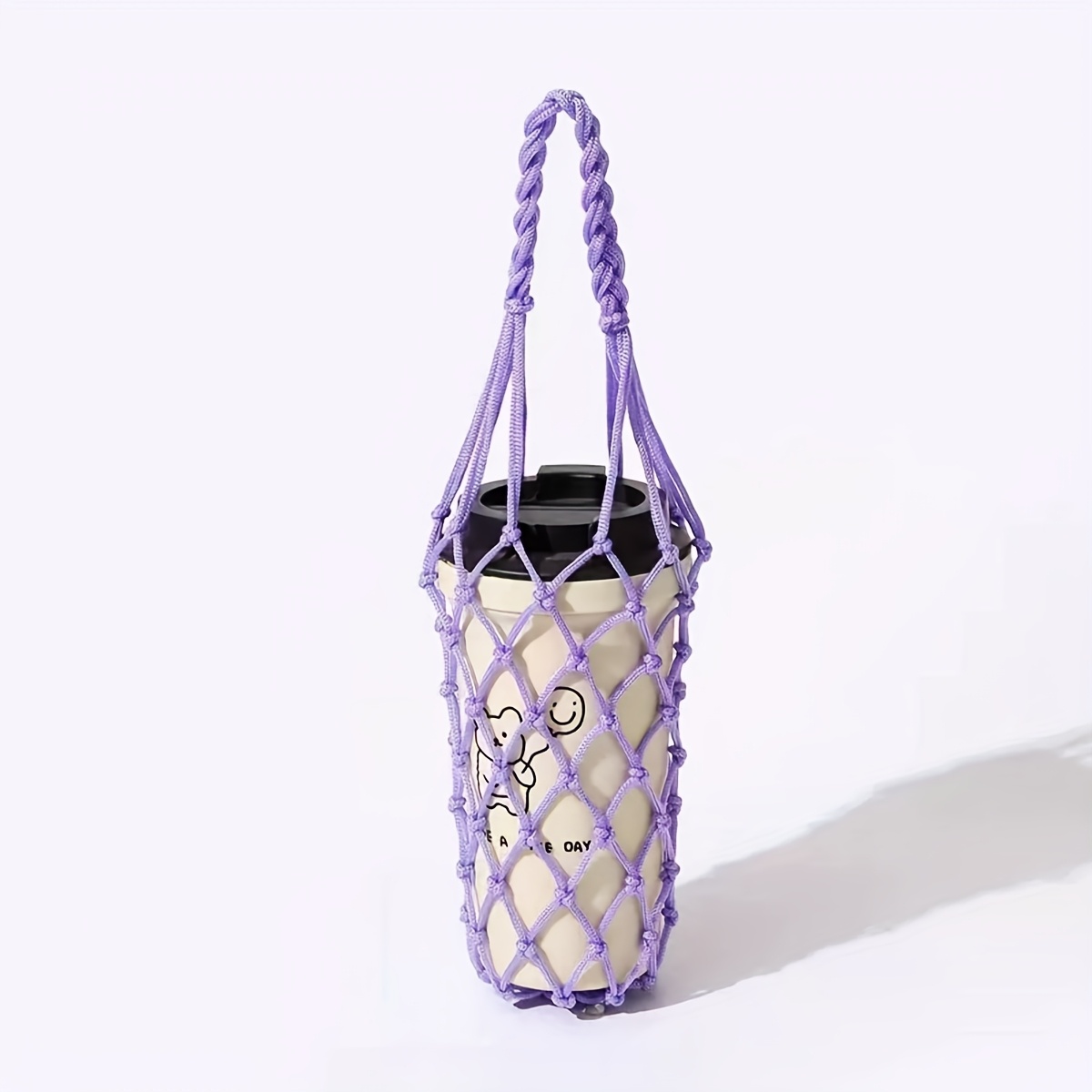 TEMU 1pc Hand-woven Mesh Bag For Water Bottles, Beverages, And Coffee, Portable And Reusable, Handheld Jug Bag, Drink Bag, Tote Bag, Decorative Mesh