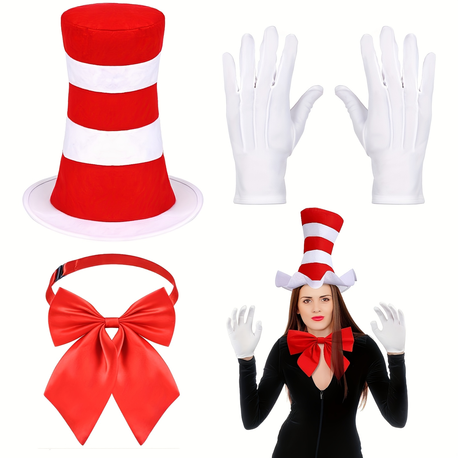 

3pcs Cat Cosplay Costume Accessories Kit - Red And White Striped , Red Bow Tie, And Gloves - Polyester Fiber, Non-feather, For Halloween Party Favors, Unisex, Carnival/mardi Gras/masquerade