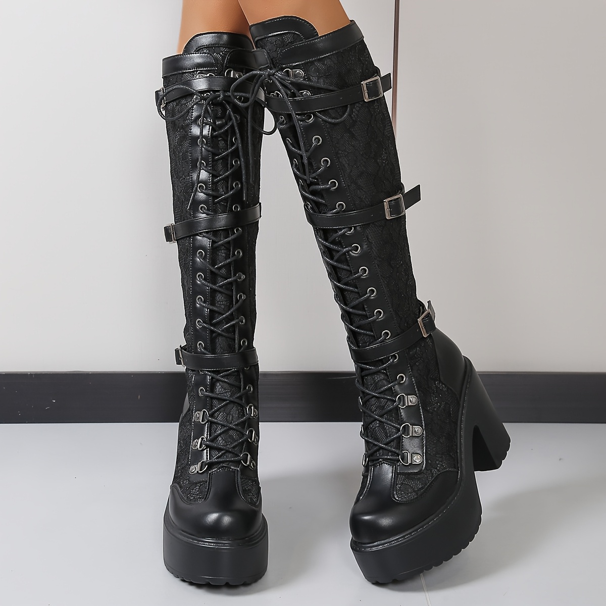TEMU -increasing Platform Chunky Heel Thick Sole Side Zipper Design Retro Floral Lace Texture Boot Tall Multi- High-top Boots Dark Sweet Gothic Style