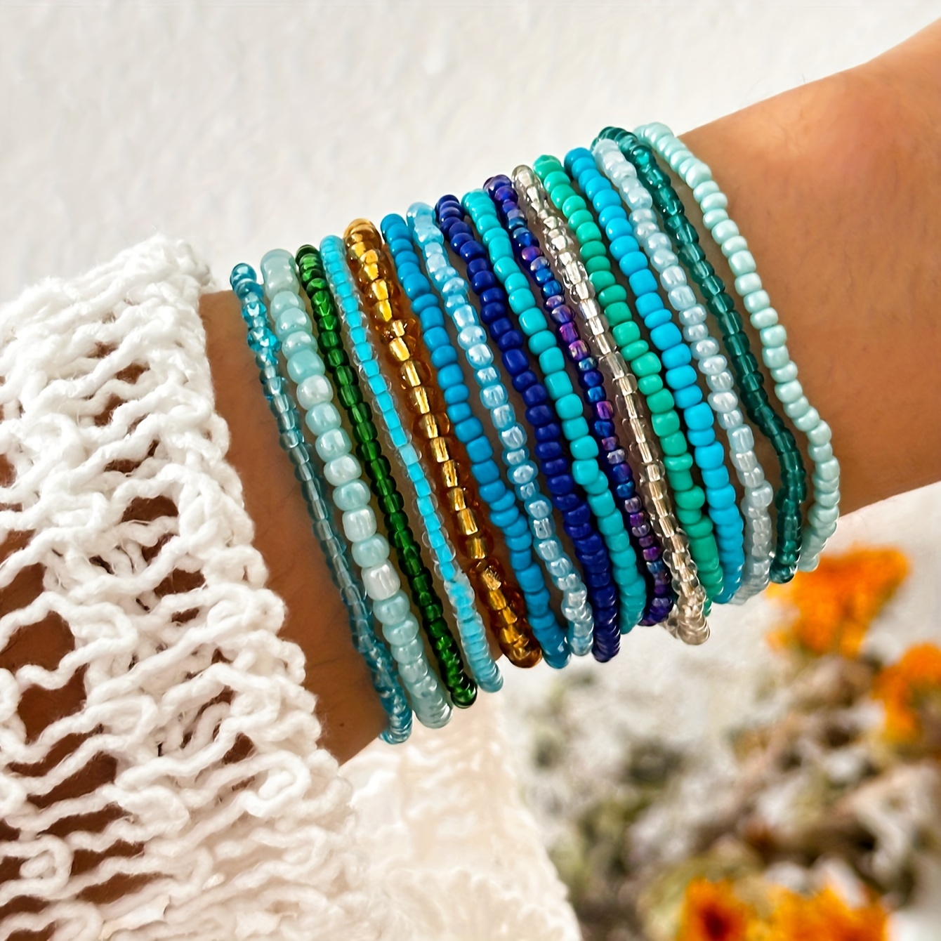 

Ensemble de 16 pièces de perles de riz en verre pour chaîne de perles à , ensemble de bracelets combinés de style bohémien pour vacances , série bleue de loisirs