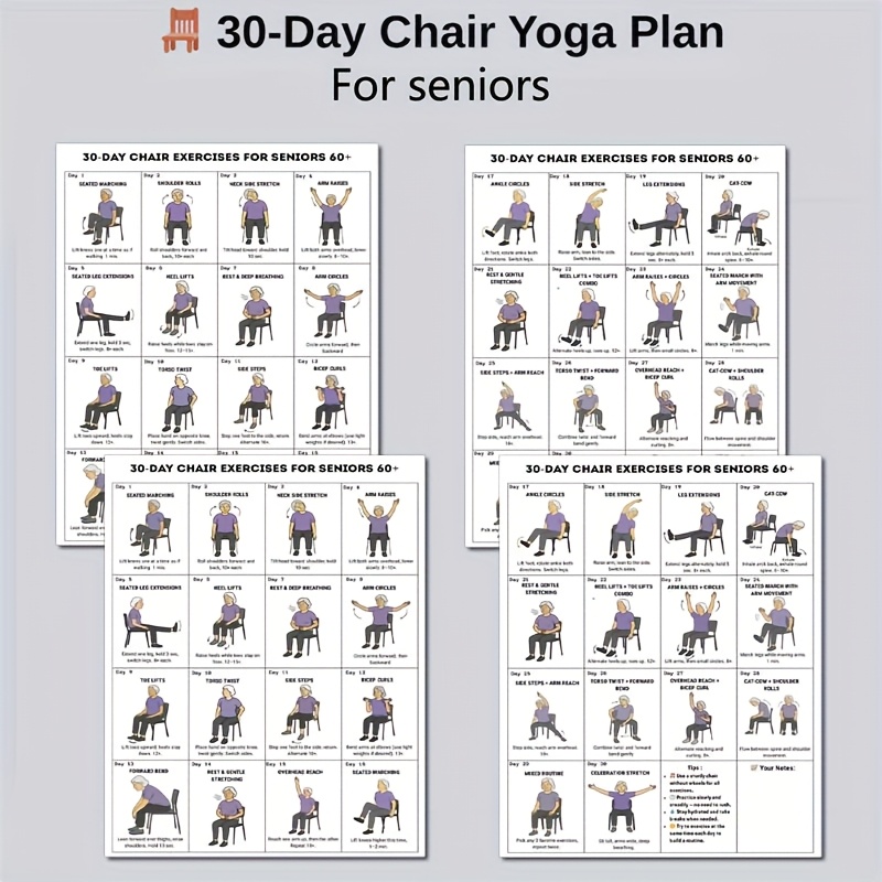 Image of Set Of 4, 30-day Chair Yoga Challenge For Seniors, Home Exercise Guide & Fitness Plan Elderly Home Exercise Poster