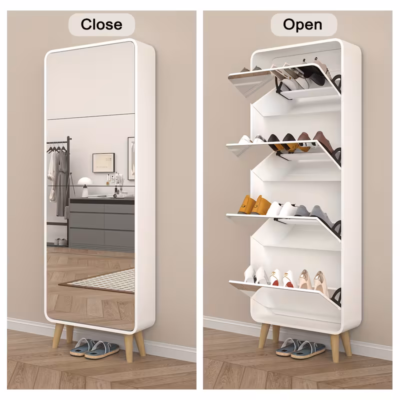 your entryway 4 drawer mirrored shoe cabinet space saving narrow organizer with flip lids wood legs hidden storage for up to 16 pairs of shoes modern Product details 2