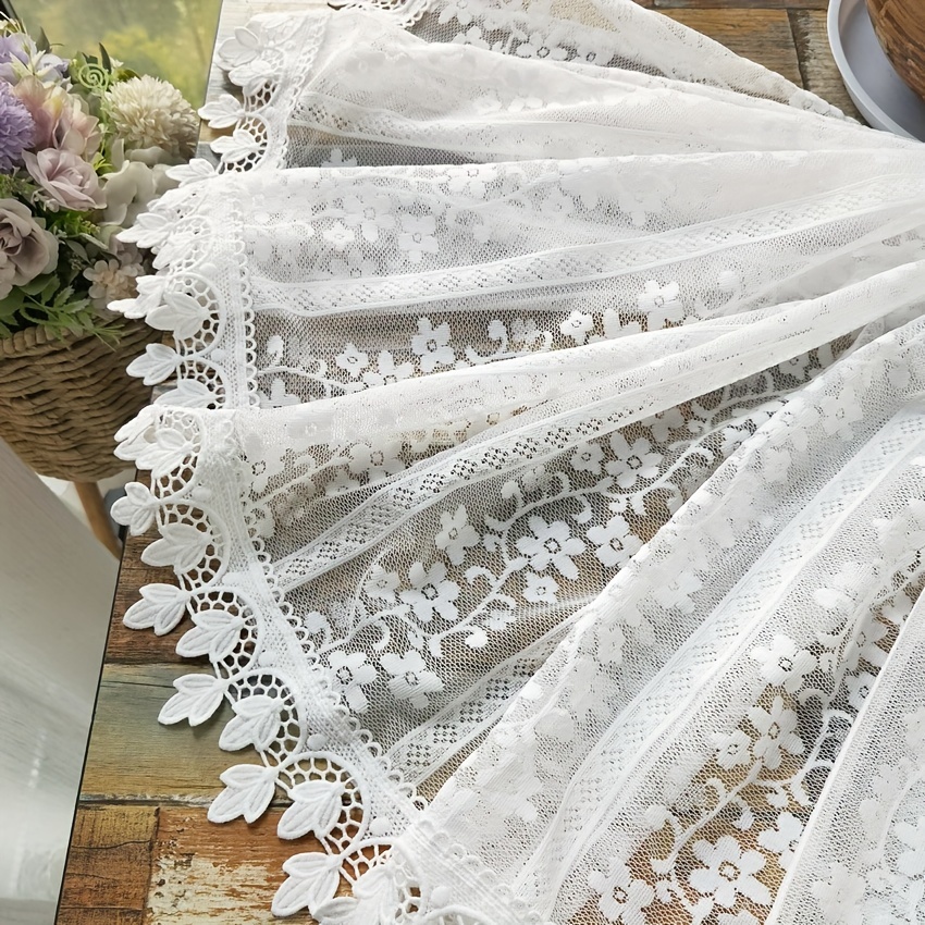 Image of 1pc, White Romantic Flower Lace Short Curtain, Leaf Tassel Bottom Half Curtain, Rod Pocket, For Living Room, Bedroom, Kitchen Home Decoration