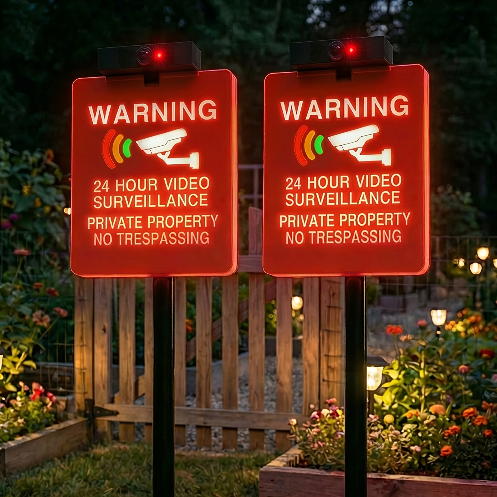 TEMU Solar Security Warning Sign For Yard, 1/2 Pack, Includes Fake Camera, Ip44 Waterproof, 2000mah, Auto Night Light Deterrent, Pathway Light, Solar