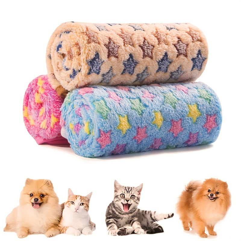 

3pcs Pet Blanket For - Cozy Star-patterned Fleece Throw In Pink, Blue & Beige, Machine Washable, Small To Large Breeds