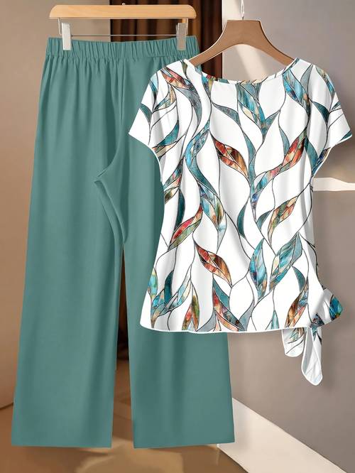 2-teiliges set damen lässiges minimalistisches grünes fliegehemd und lockerer gerader geometrischer druck hosen set, für frühsommer