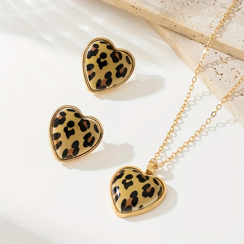2pc Leopard Print & Heart Vintage Earrings Set for Women