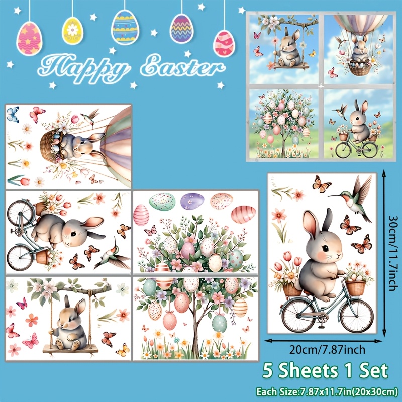 Image of 5 Sheets Easter Window Cling Stickers | Colorful Egg, Bunny, Rabbit, , Flower, Tree, Balloon | Vintage Style, Polyvinyl Chloride, Static Cling, Matte End, Single Use
