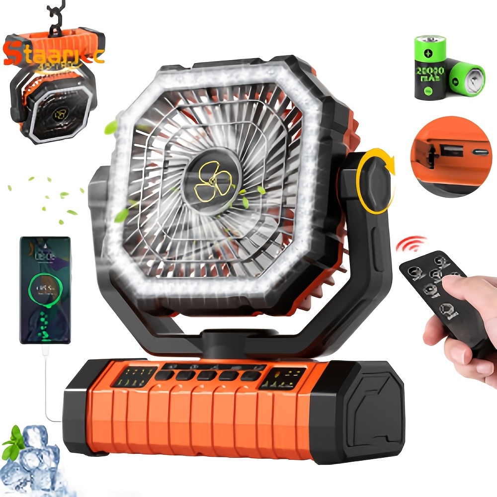 TEMU Ventilateur d'extérieur portable 20000mAh rechargeable par USB avec affichage numérique et lumière LED, refroidissement à 4 vitesses adapté pour